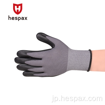 Hespax EN388ブラックナイロンマイクロフォームニトリルコーティンググローブ